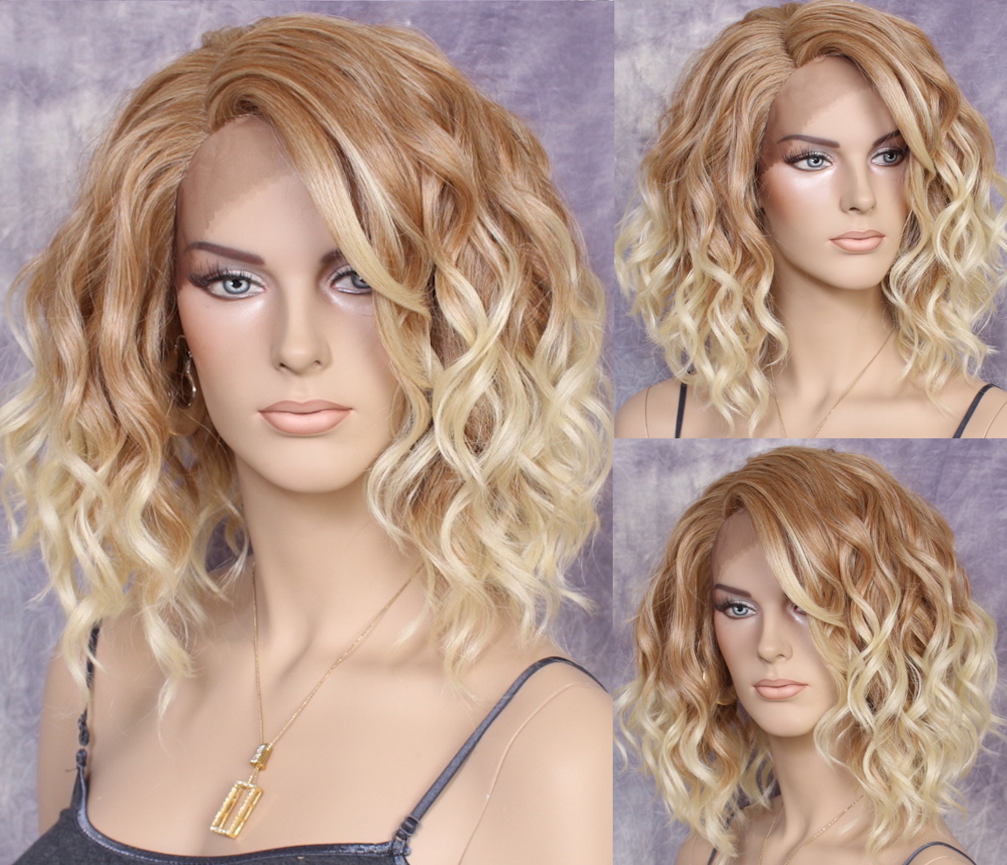 Natural Human Hair Blend Full Lace Front Wig With Side Lace Parting Beautiful Beachy Wavy Soft Texture Strawberry Blonde Mix in Color