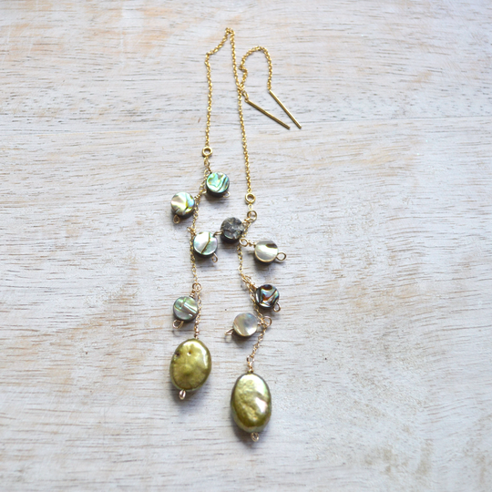 Freshwater Pearl & Abalone Shell Threader Earrings