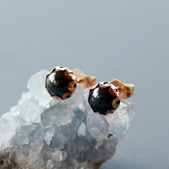 Hematite Stud Earrings, 14K Gold Filled Posts, Black Gemstone Jewelry, Modern Gem Studs