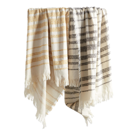 Chenille Stripe Throw Blanket: White/Yellow - Cotton Blend - Round by World Market