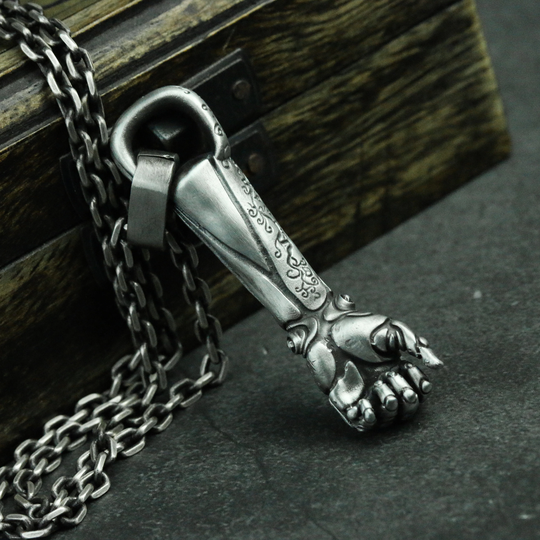 Mechanical Arm Necklace-925 Silver Handmade-Carved Texture Pendant Necklace-Robot Iron Fist