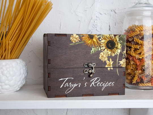 Sunflowers Recipe Card Box With 9 Dividers & 150 Cards Personalized Christmas Gift For Daughter From Mom Wooden 4x6