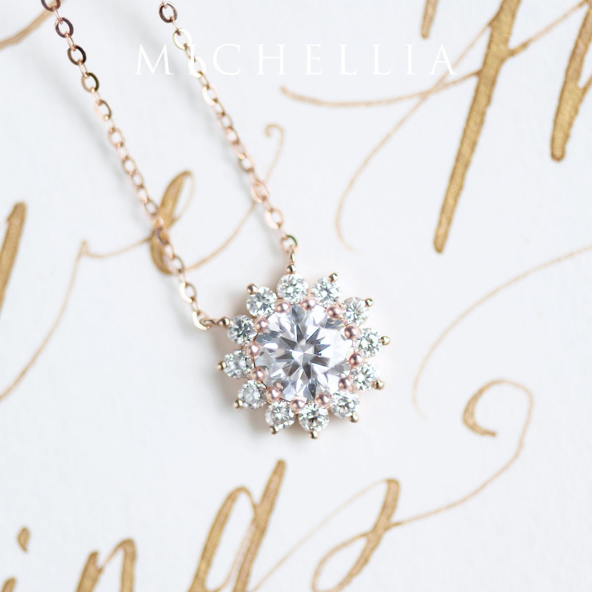 Rosalie Moissanite & Diamond Necklace, Vintage Bloom Cluster Flower Bridal Wedding Gift, Rose Gold