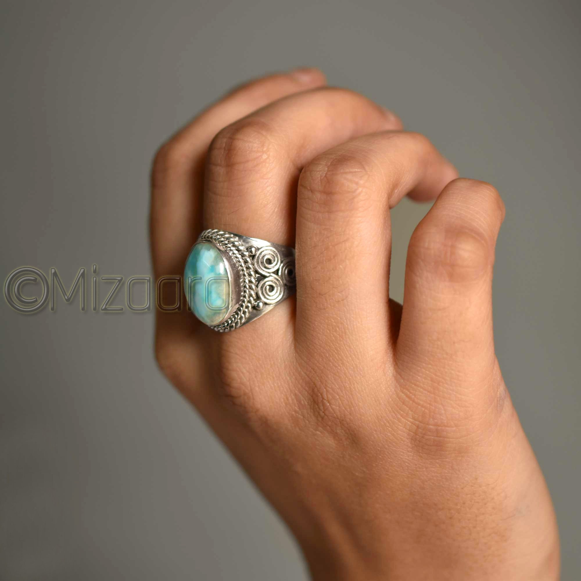 Larimar Ring Sterling Silver Bohemian Ring For Women Boho Statement Dominican Pectolite Natural Gemstone Jewelry
