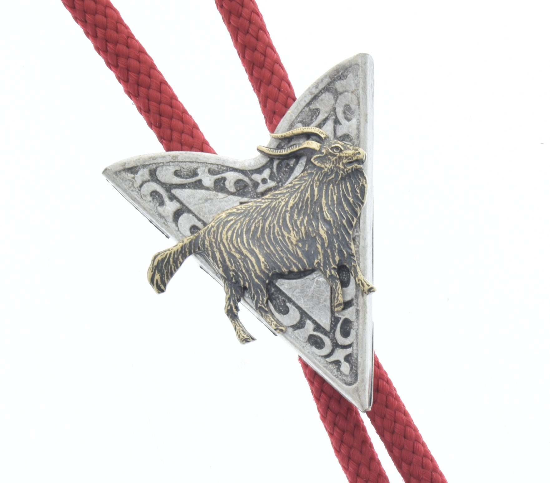 Goat Rame Bolo Tie Lariat, Antique Gold On Silver, Made in Usa, 36 Red Or Black Cord, Each