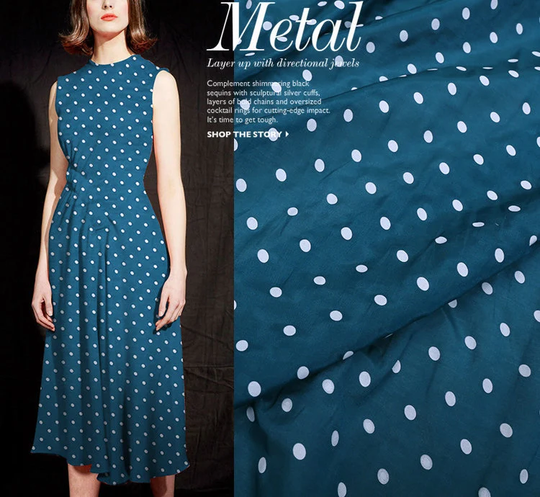Silk Cotton Blend Fabric, Dots Blue Print, Fabrics in The Yard, Width 54 Inch