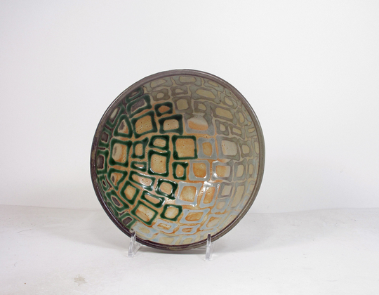 Ceramic Cereal Bowl in Shino With Blue & Green Squares