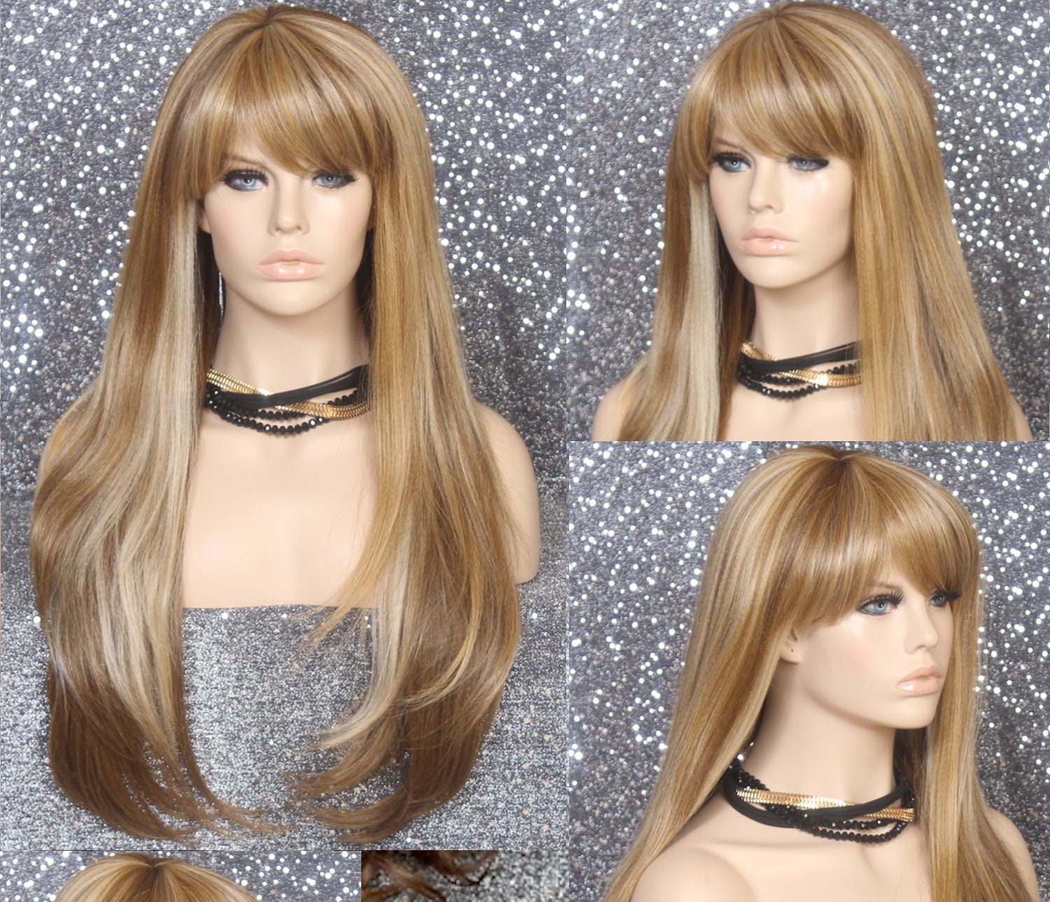 Extra Long Human Hair Blend Wig Auburn Mix in Color Center Top Parting With Full Bangs. Layered On Sides. Perfect For Everyday Wear
