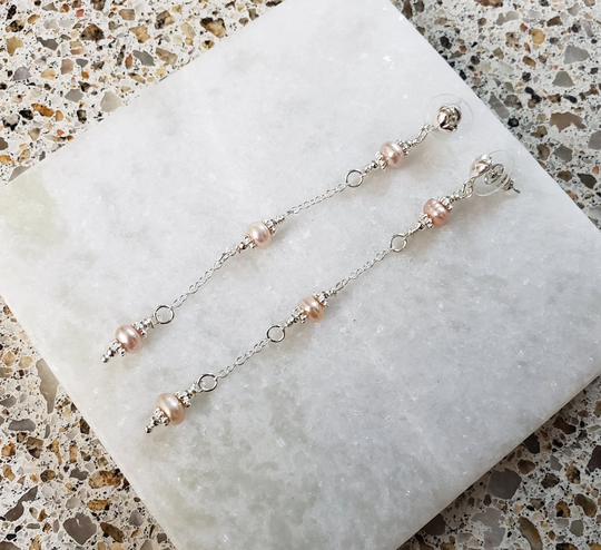 Real Natural Champagne Pink Freshwater Pearl Beaded Wedding Classy Dainty Chain Love Long 925 Silver Heart Post Dangle Stud Earrings 3.5"