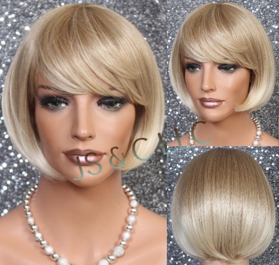 Short Bob Blonde Mix Human Hair Blend Heat Ok Wig Full Bangs Chic Trendy Cancer/Alopecia/Theater/Cosplay