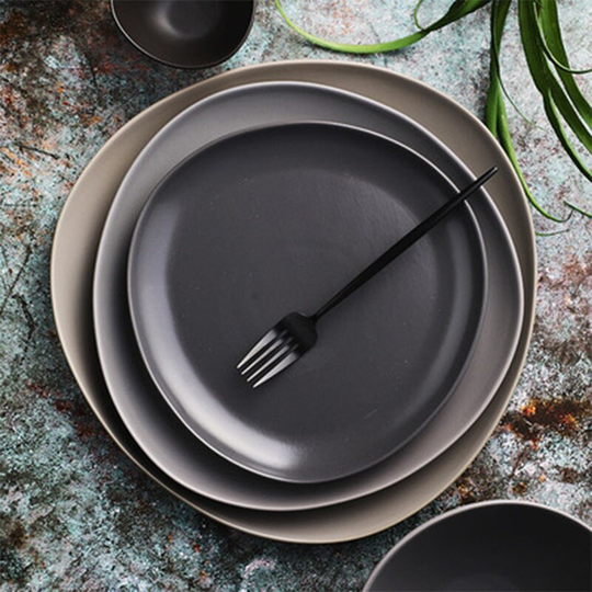Nordic Japanese Ceramic Tableware Set, Wind Black Grey Western Steak Plate, Triangle Bowl, Ramen Salad Dinner Plate
