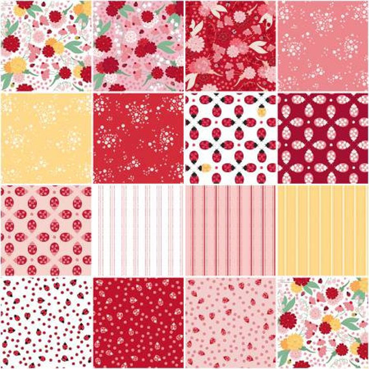 Ladybug Mania Fat Quarter Bundle, 15 Pieces, Meags & Me, Clothworks, Cotton Quilt Fabric, Floral Fabric