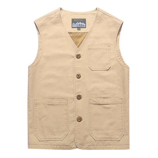 Men's Tooling Vest Simple V-neck Cotton Blended Khaki Solid Single Breasted For Daily Casual Outdoor Male Vest - khaki, l - large beige