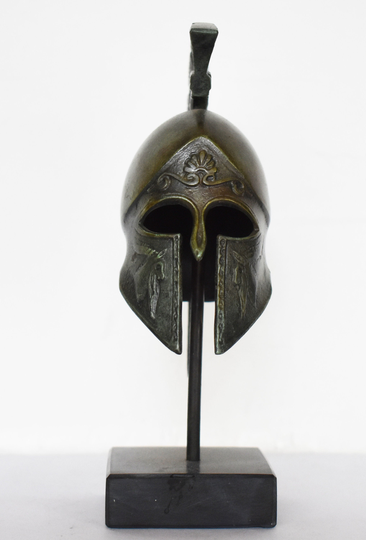 Ancient Greek Spartan Corinthian Helmet - Ram Motif Marble Base Museum Reproduction Pure Bronze Statue