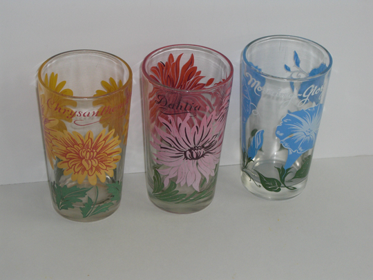 3 Vintage Flower Juice Glasses Water Tumblers Chrysanthemum Dahlia Morning Glory