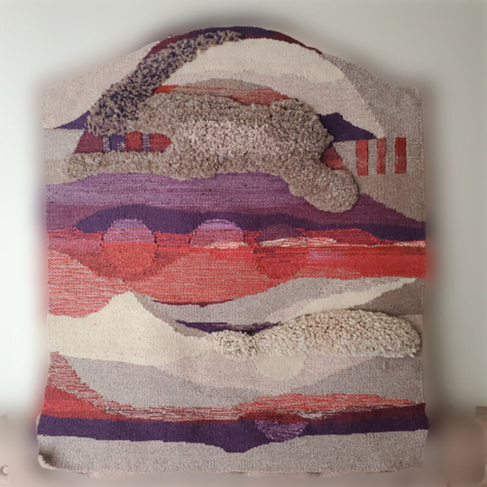 Vintage Mcm Abstract Wool Wall Tapestry, Jackalope Ram Jumping Over Moon, 3D Textured Purple Red Beige Bohemian Hanging