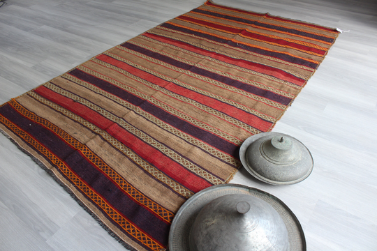 striped Kilim, Ethnic Rug, Camel Wool Kilim, Bohemian Decorative Handwoven/N-1004 4'8"x8'5"