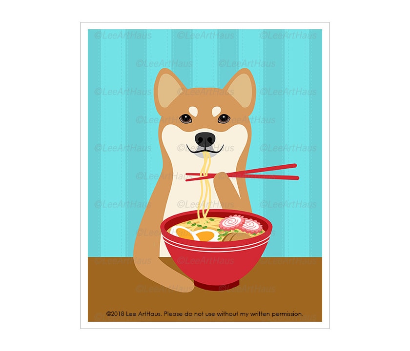 710D Dog Artwork - Red Shiba Inu Eating Ramen Bowl Wall Art Japanese Food Print Foodie Gift For Chef Noodle Lovers