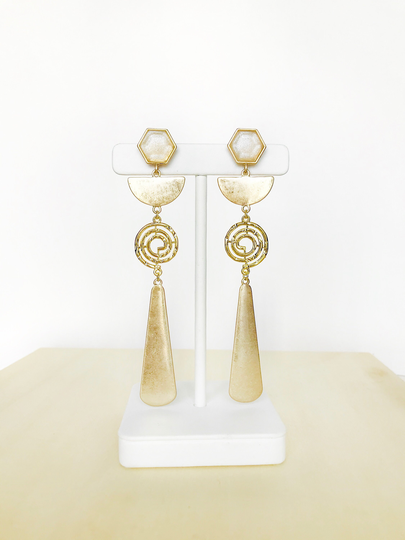 statement Geometric Earrings, Hammered Golden Aged Brass Dangle Earrings Unique Large Long Drop