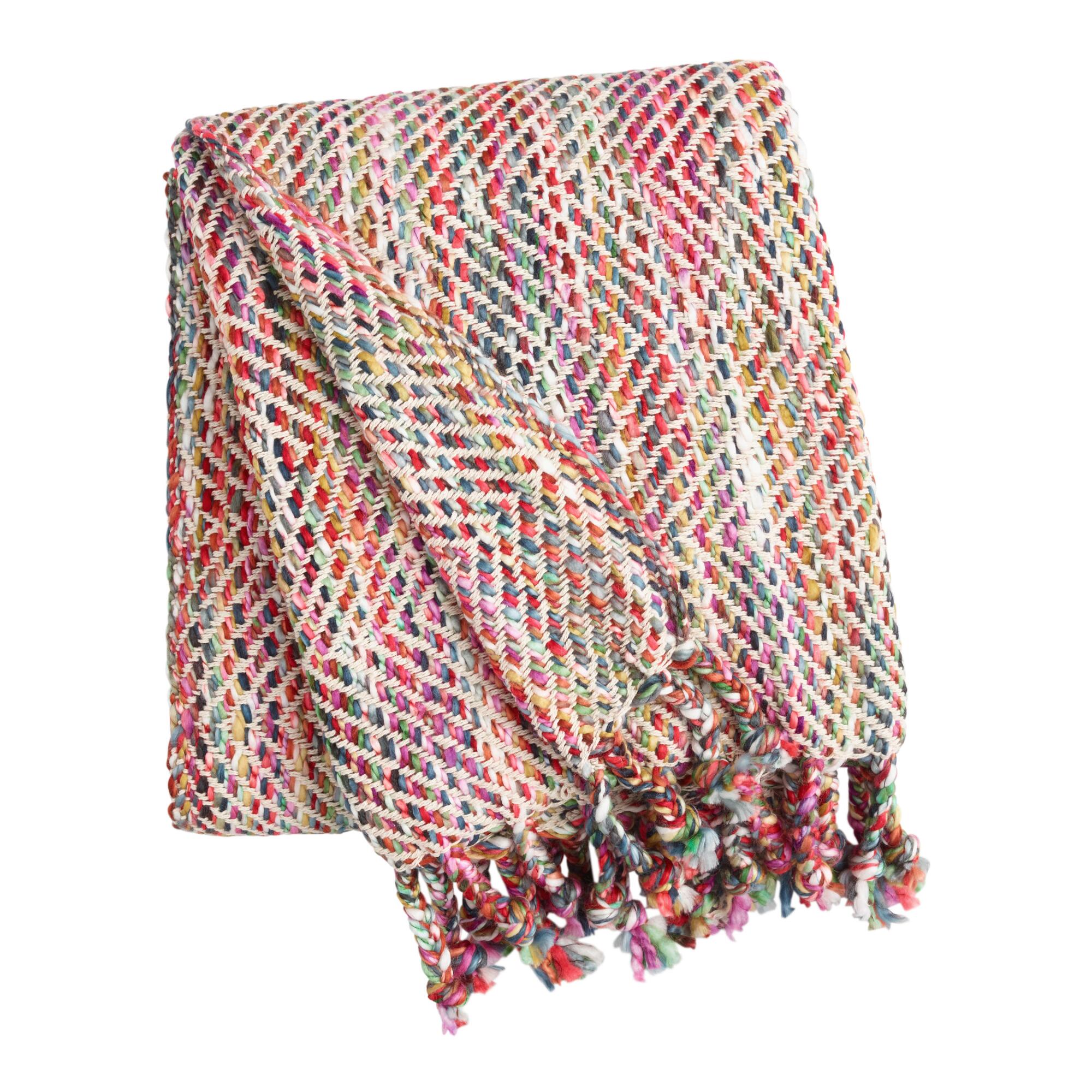 Pink Multicolor Stitch Fringe Throw Blanket by World Market