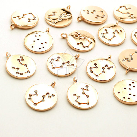 Pd-1841-Rg/2 Pcs - Zodiac Sign Charm, Cz Constellation Disc Pendant, Aquarius, February, January Birthday, Rose Gold Plated Brass 10mm