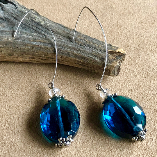 Vintage London Blue Glass Bead Pierced Earrings Large Oval Faceted Minimalist Big