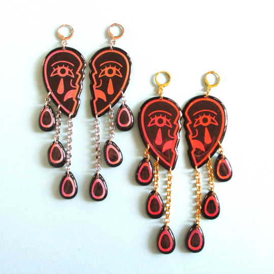 Black Holographic Sad Crying Face Dangly Earrings