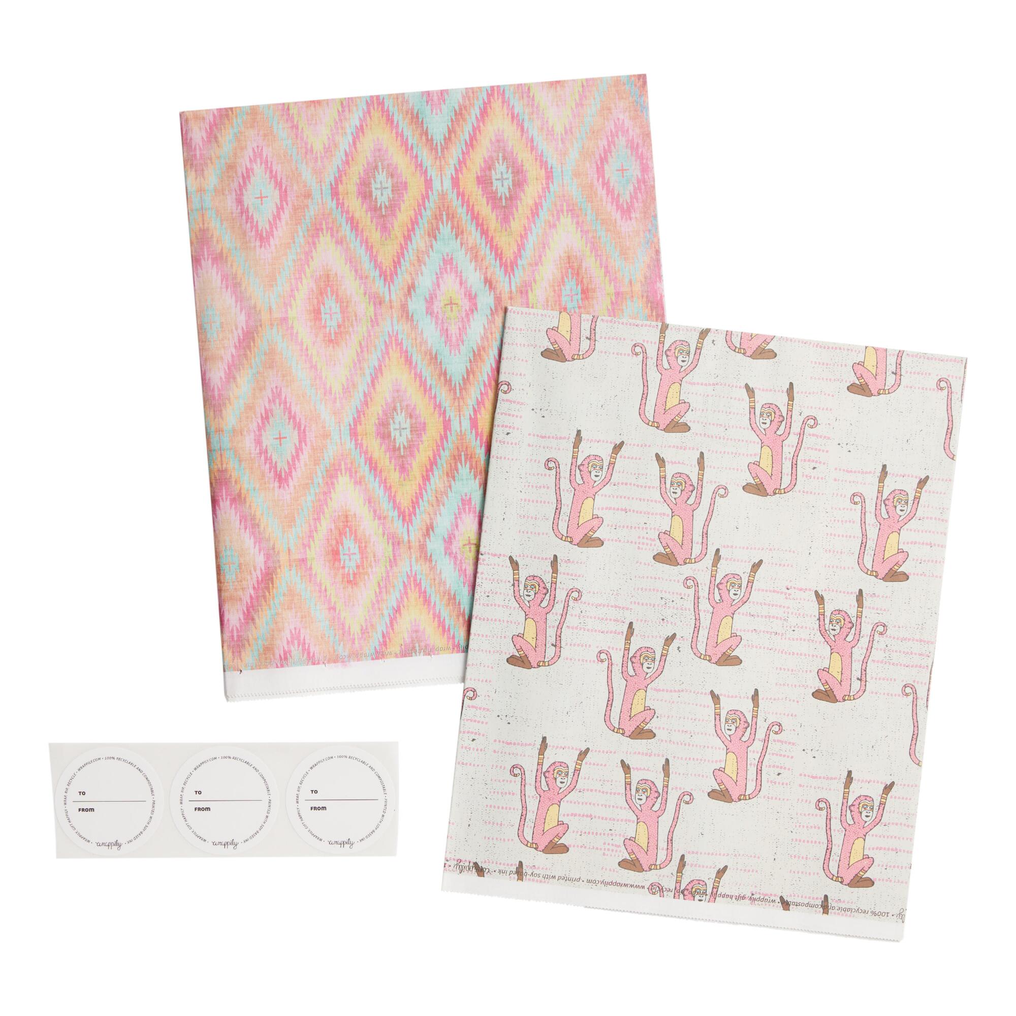 Wrappily Pink Monkey and Ikat Reversible Recycled Gift Wrap: Multi - Paper by World Market