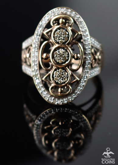 Gj Gold Tone Sterling Silver | .925 & 0.264 Ctw Diamonds Oval Art Deco/Edwardian Filigree Ring | Size 8.25