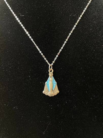Vintage Silver & Blue Enamel Virgin Mary Charm Necklace On Adjustable Sterling Chain