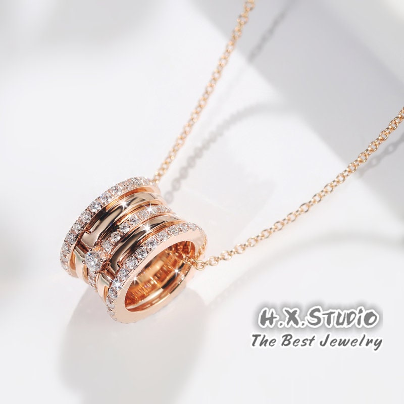 Diamond Cylinder Pendant Necklace in 18K Gold/Rolling Ring Necklace/Custom Fine Jewelry/Personalization Design/Gift For Women & Girls