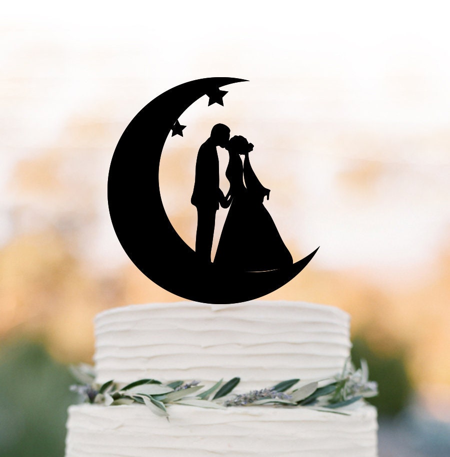Moon & Star Wedding Cake Topper, Bride Silhouette With Veil, Funny Cake Unique Couple Kissing Topper
