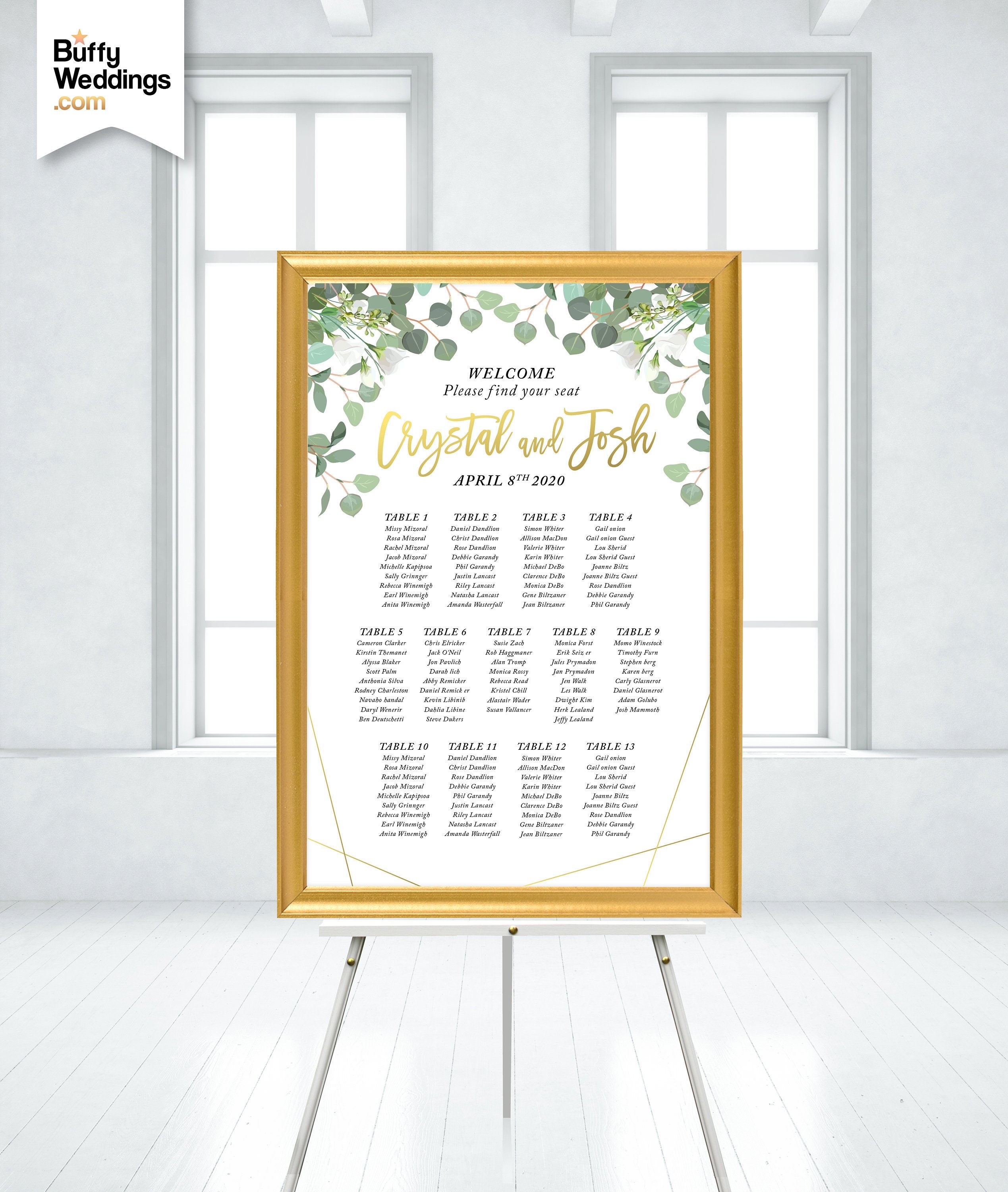 Geometric Eucalyptus Garland Seating Chart . White Rose & Gold Calligraphy Black Vintage Italic Serif Large Printed Wedding