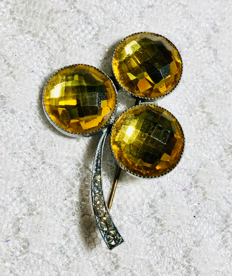 Edwardian Yellow Paste Clover Brooch Pin. Era 1901-1910. Gift For Her