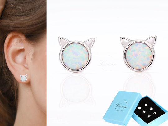Kitty Cat Opal Studs, White Gemstone Earrings, 14K Gold Finish Jewelry, Animal Earring, Rose Pet Unique Gift