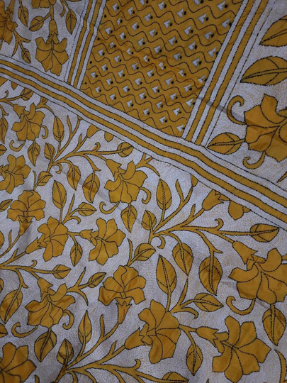 Hand Reverse Kantha Stich Over Blended Bangalore Silk Saree & Running Blouse Piece