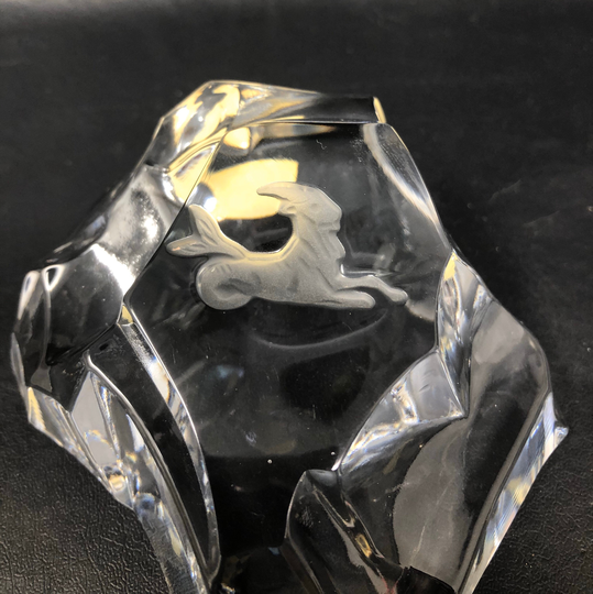 Val St Lambert Capricorn Zodiac Rock Paperweight, Vintage 1980S Clear Crystal Belgium Ram December January