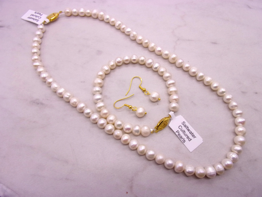 Saltwater White Akoya Cultured Pearl Necklace, Bracelet, Earrings