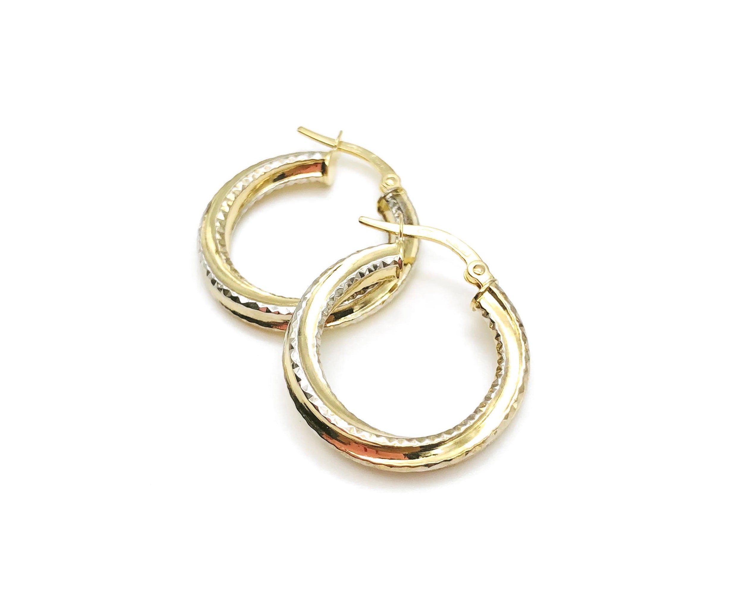 18K Two-Tone Gold Hoop Earrings Hoops Polished & Hammered Minimalist Gift For Wife Gf