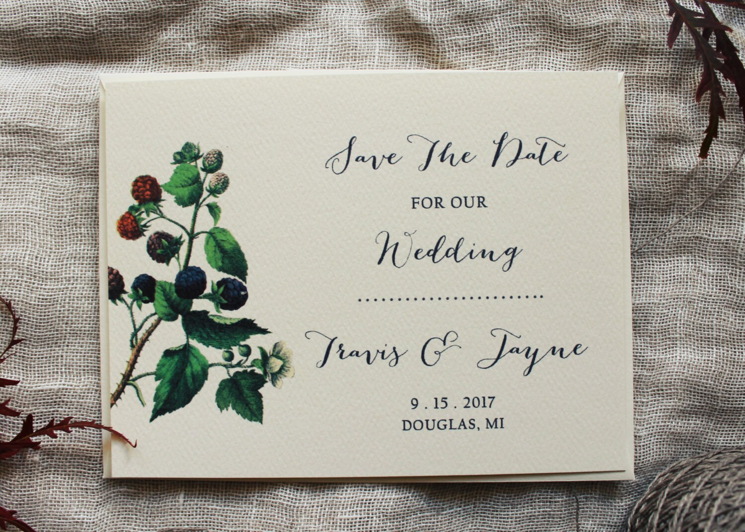 Blackberry Save The Date Cards | Berry Wedding Printable Rustic Garden Handmade Woodland
