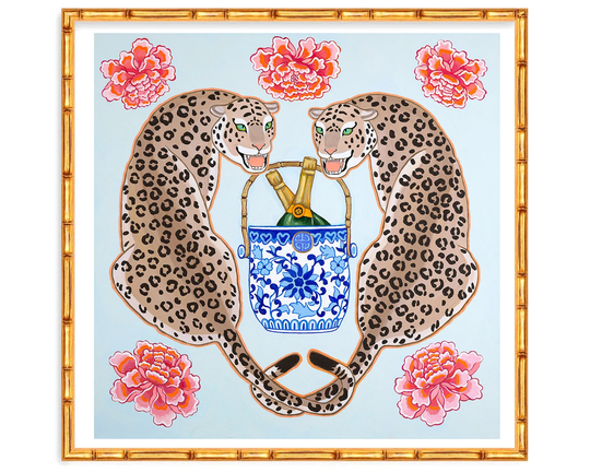 Art Print Chinoiserie Leopards With Asian Peonies & Blue White Champagne Bucket
