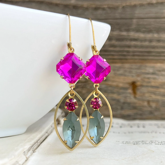 Last Pair Fuchsia & Aqua Vintage Glass Jeweled Earrings, Marquise Crystal Drop Brass Unique Estate Style Gift For Her