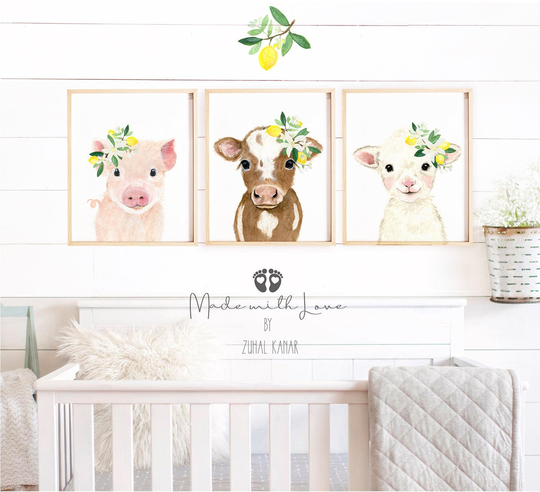 Farm Nursery Decor, Farmhouse Prints Lemon Nursery Art Decor Art, Pig Painting Nurser Baby Girl