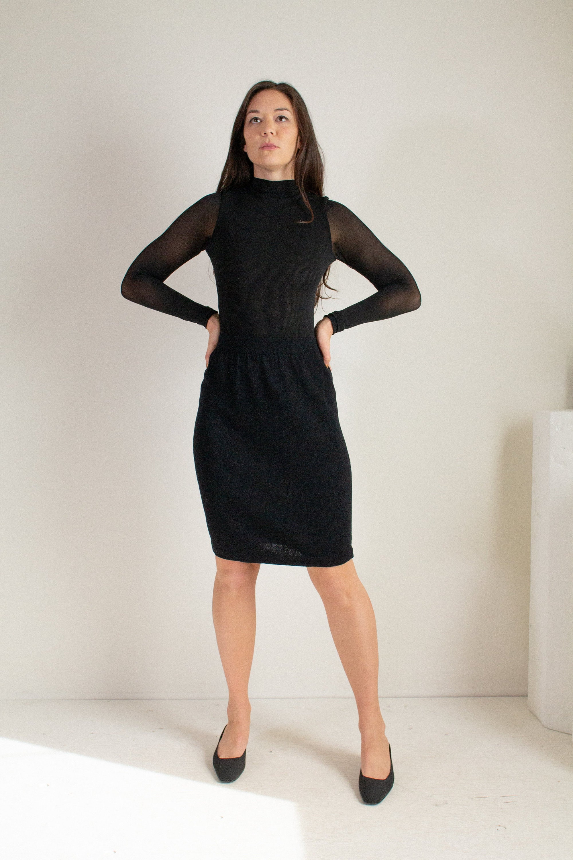 Vintage Black St John Wool Blend Knit Sweater Skirt // S | 1580