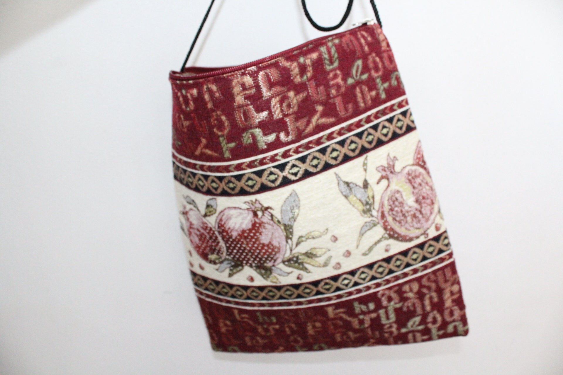 Armenian Bag Crossbody Cotton Blend Burgundy With Alphabet & Pomegranates Ethnic Ornament Black Rope Tote Bags Rectangle
