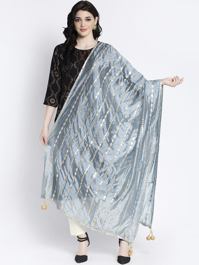 Women's Silk Blend Grey & Gold-Coloured Gotta Patti Embroidered Dupatta Free Shipping