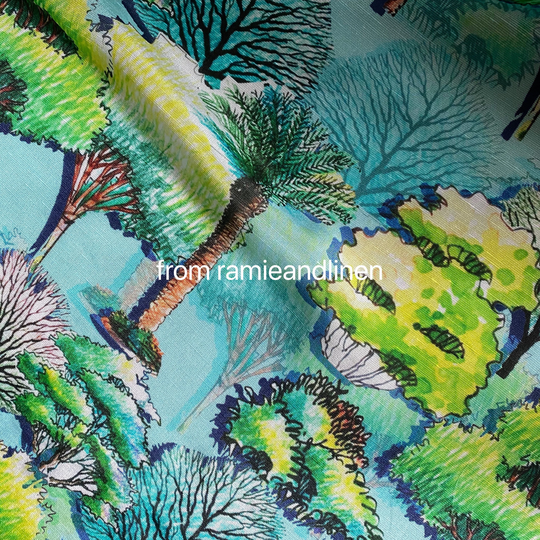 Silk Fabric, Digital Print, Sketchy Trees Linen Blend Half Yard By 57" Wide