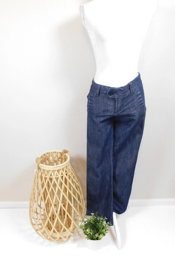 Vintage 90S Dark Blue Denim Cotton Blend Button Low Rise Wide Leg Minimal Bell Bottoms Jeans Pants Trousers Sz 3 Small