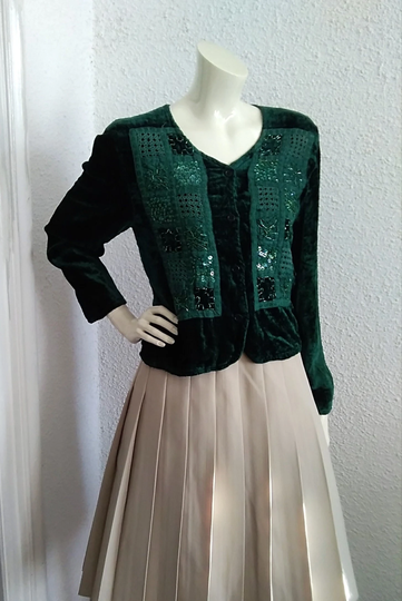 90S Crushed Velvet Blazer Dark Green Beaded Embellished Cropped Patchwork Sequined Evening Renaissance