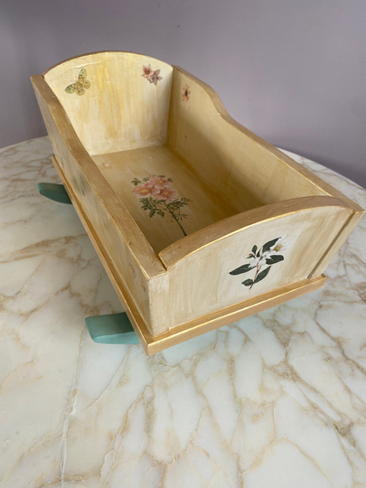 Vintage Hand Painted Wooden Doll Rocking Cradle